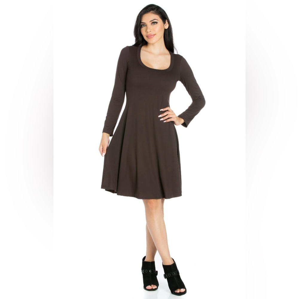 Brown Long Sleeve Fit & Flare Dress XS | Scoop Neck | New With Tags